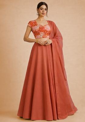 Coral Orange Floral Print Crepe Lehenga Set