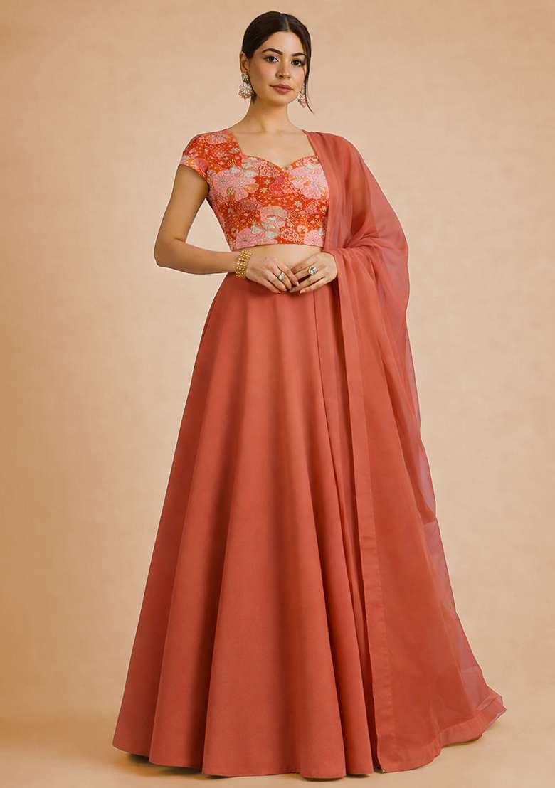 Coral Orange Crepe Lehenga Set with Floral Print for Diwali | Wedding & Festive Wear - Indya