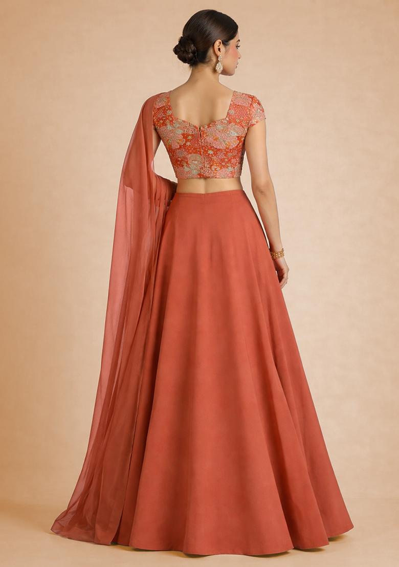 Coral Orange Floral Print Crepe Lehenga Set - Indya