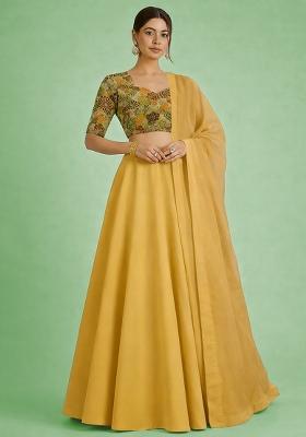 Beige Floral Print Crepe Lehenga Set