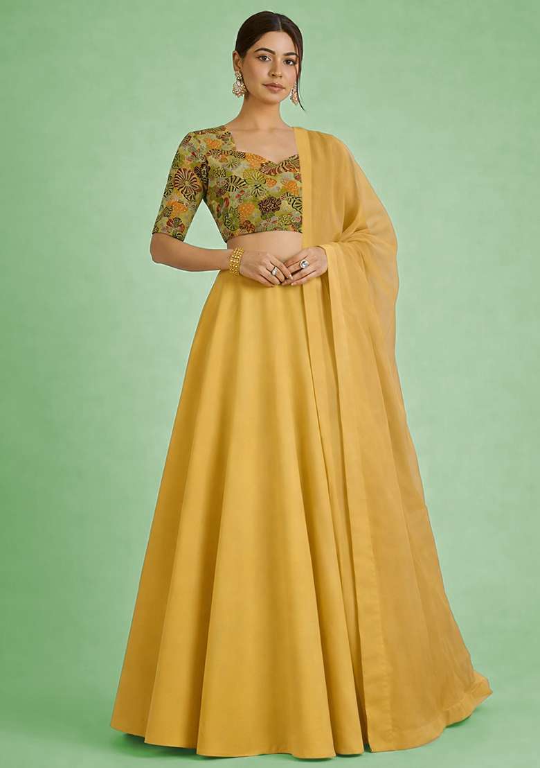 Beige Floral Print Crepe Lehenga Set for Diwali and Festive Wear - Indya