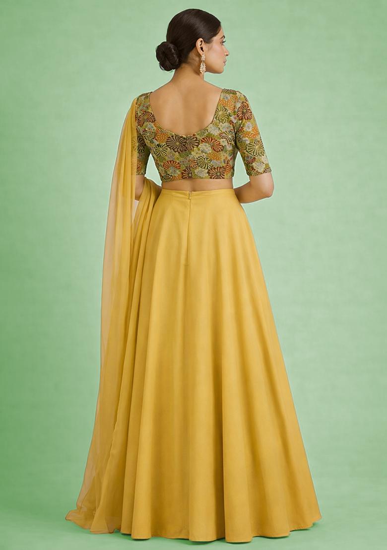 Beige Floral Print Crepe Lehenga Set - Indya