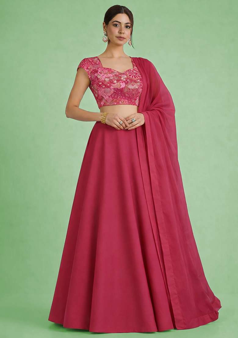 Rani Pink Floral Print Crepe Lehenga Set for Diwali and Festive Wear - Indya