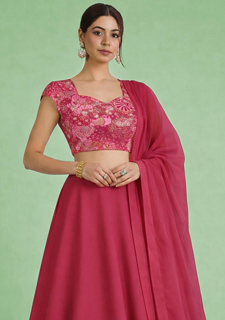 Rani Pink Floral Print Crepe Lehenga Set - Indya