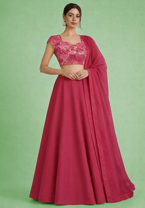 Rani Pink Floral Print Crepe Lehenga Set