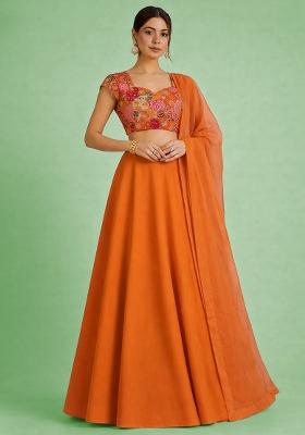 Orange Floral Print Crepe Lehenga Set