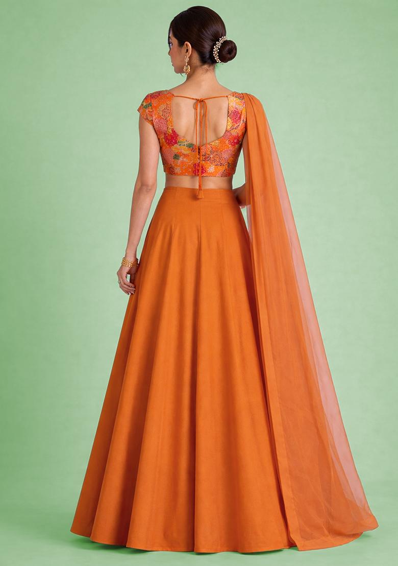 Orange Floral Print Crepe Lehenga Set - Indya
