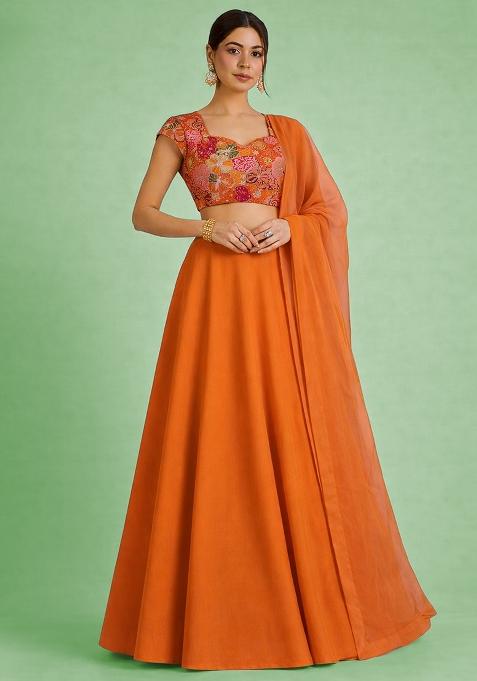 Orange Floral Print Crepe Lehenga Set