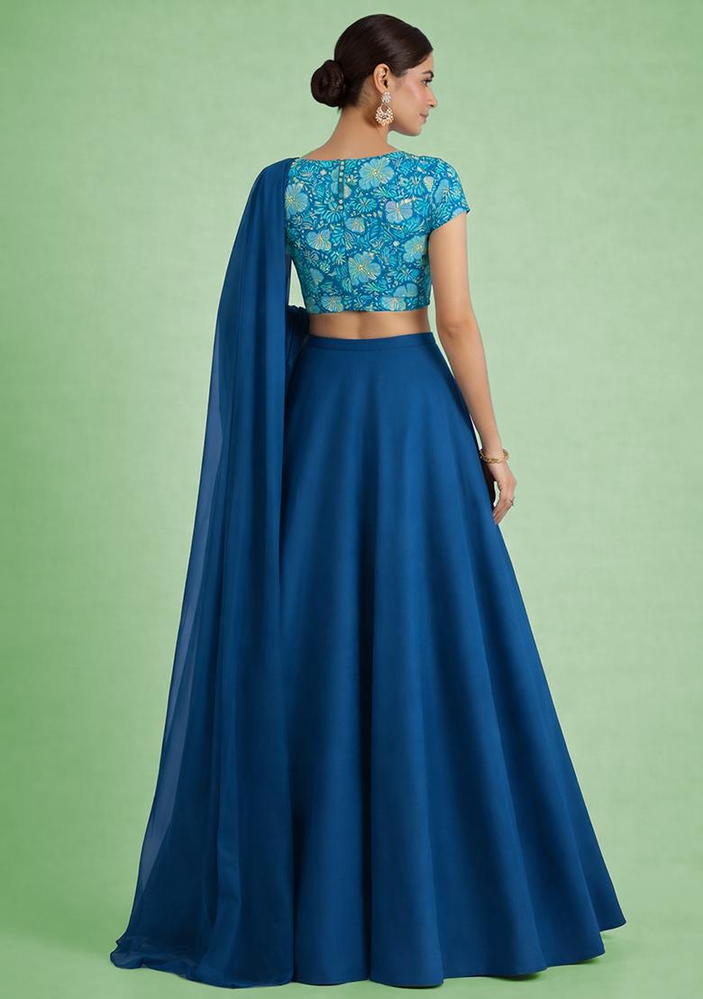 Royal Blue Floral Print Crepe Lehenga Set - Indya