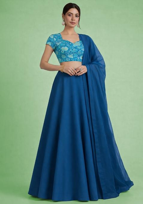 Royal Blue Floral Print Crepe Lehenga Set