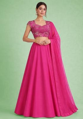 Bright Pink Floral Print Crepe Lehenga Set