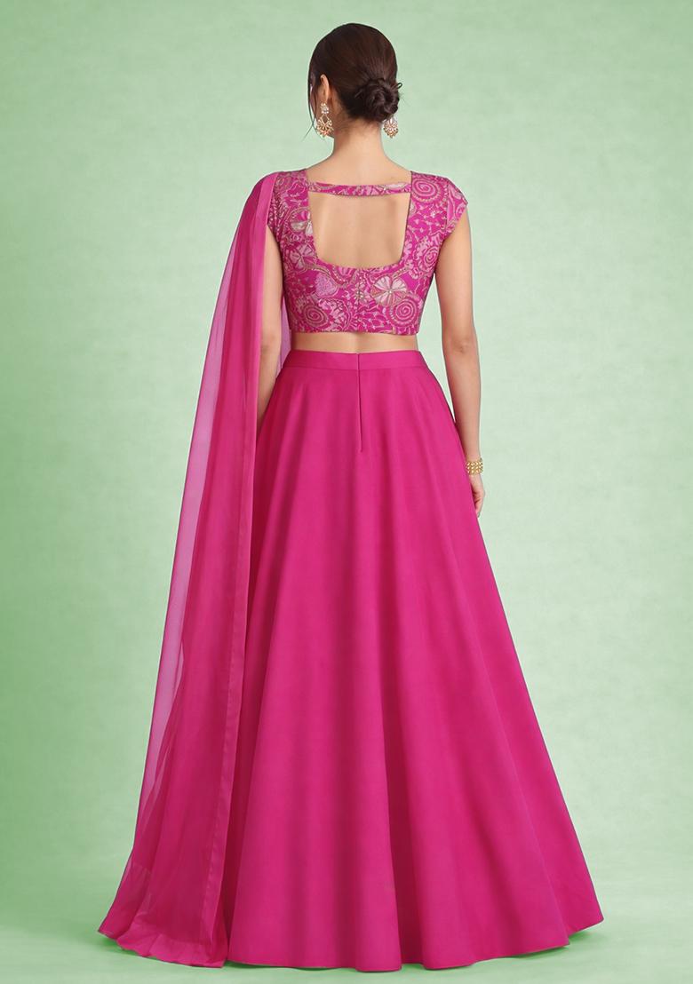 Bright Pink Floral Print Crepe Lehenga Set - Indya