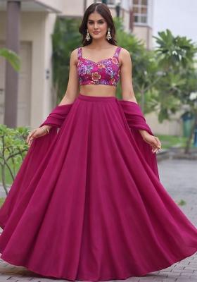 Rani Pink Floral Print Crepe Lehenga Set