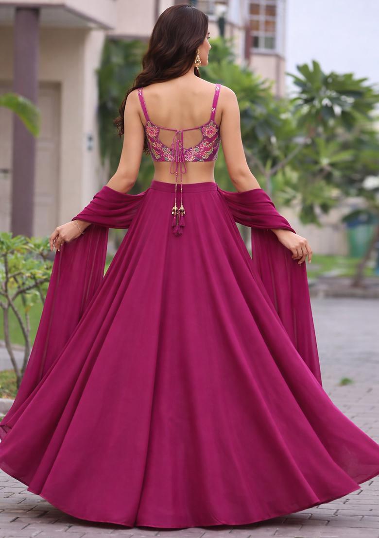 Rani Pink Floral Print Crepe Lehenga Set - Indya