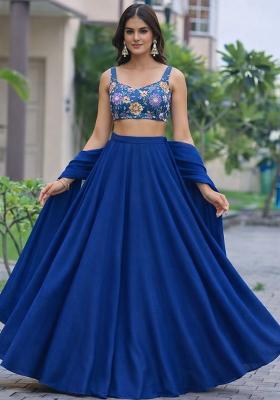Royal Blue Floral Print Crepe Lehenga Set