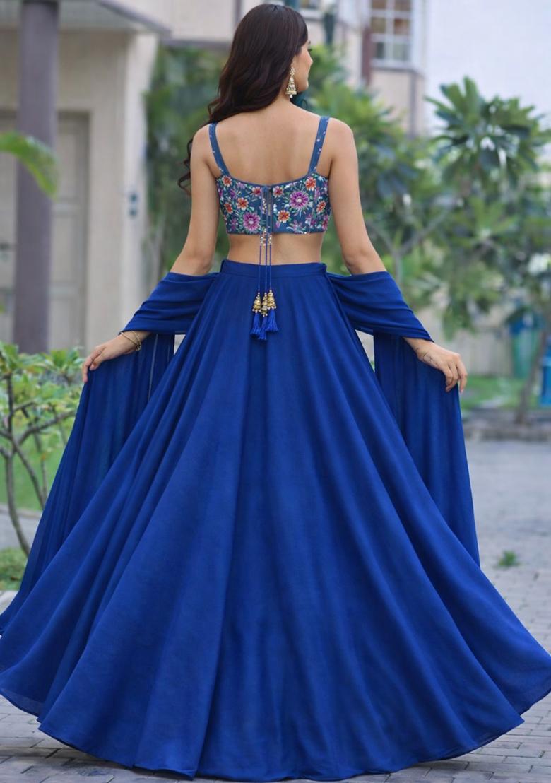 Royal Blue Floral Print Crepe Lehenga Set - Indya