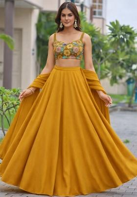 Mustard Floral Print Crepe Lehenga Set
