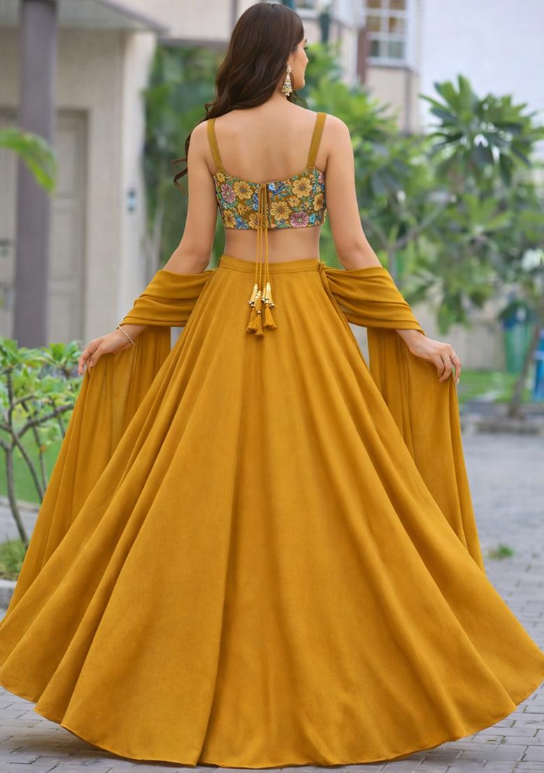 Mustard Floral Print Crepe Lehenga Set - Indya