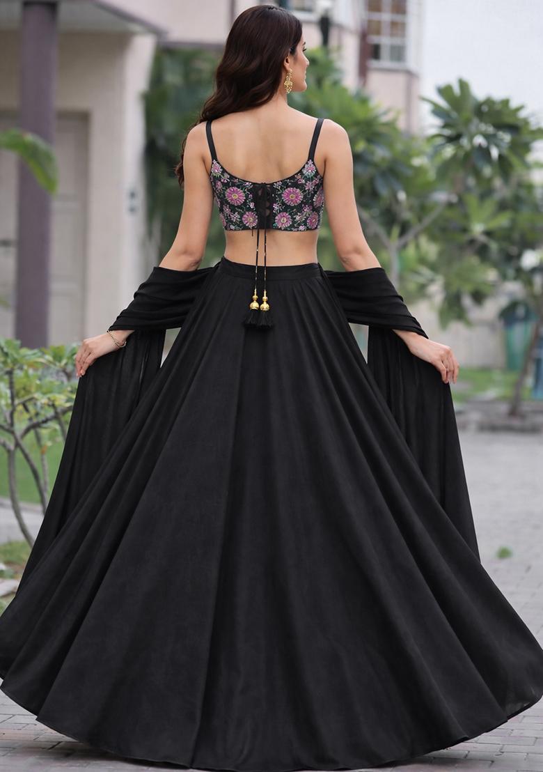 Black Floral Print Crepe Lehenga Set - Indya