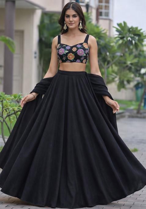 Black Floral Print Crepe Lehenga Set