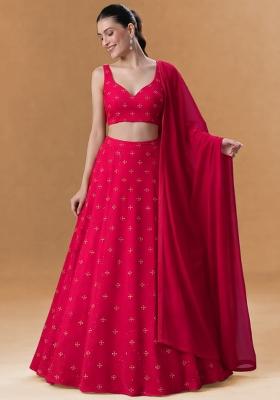 Red Embroidered Organza Lehenga Set
