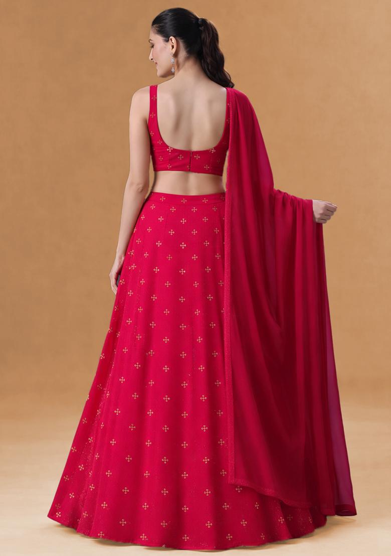 Red Embroidered Organza Lehenga Set - Indya
