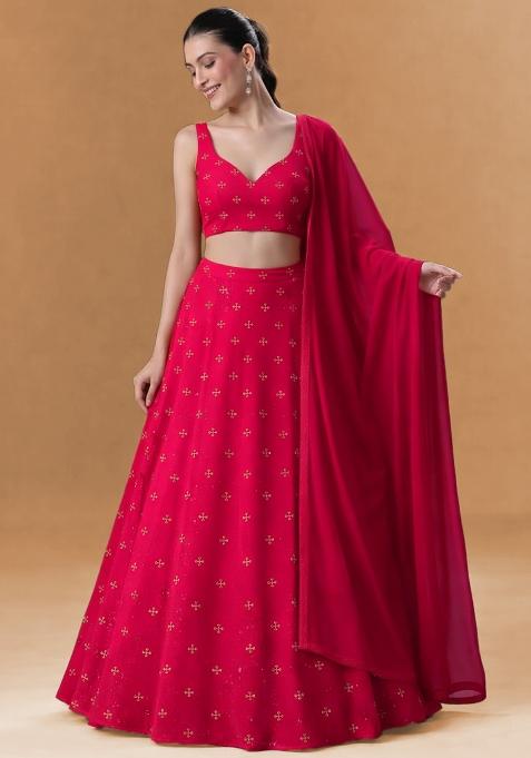 Red Embroidered Organza Lehenga Set