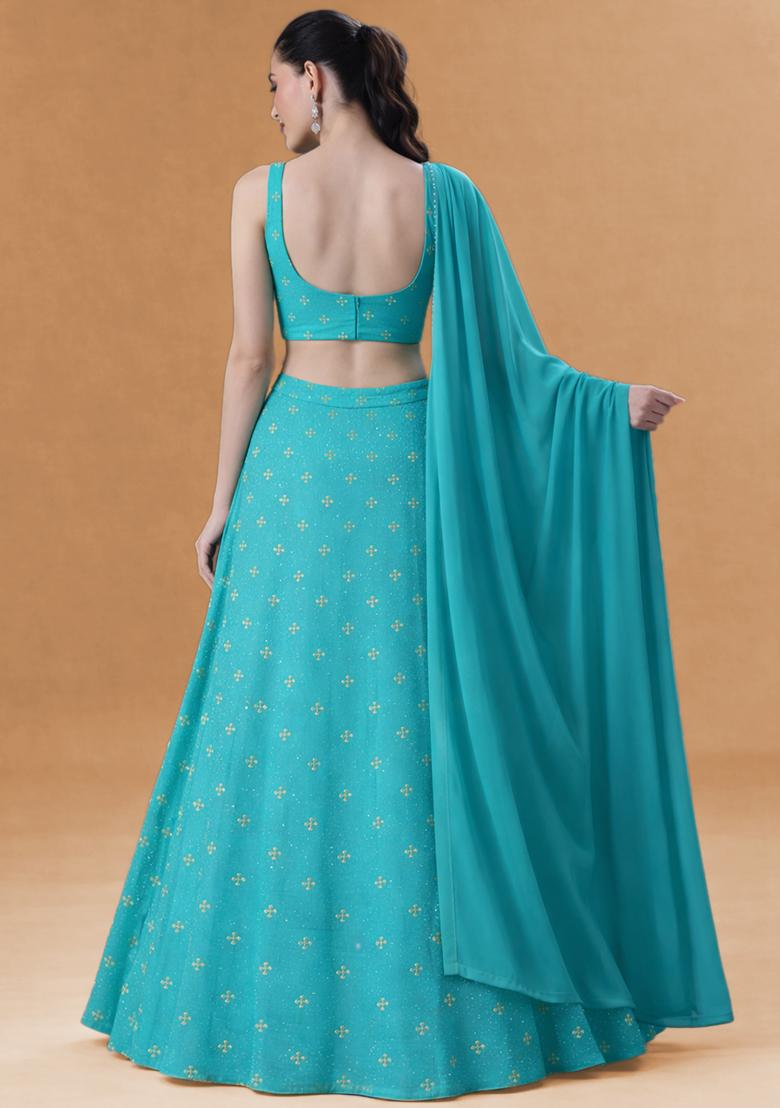 Teal Blue Embroidered Organza Lehenga Set - Indya