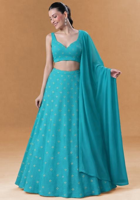 Teal Blue Embroidered Organza Lehenga Set