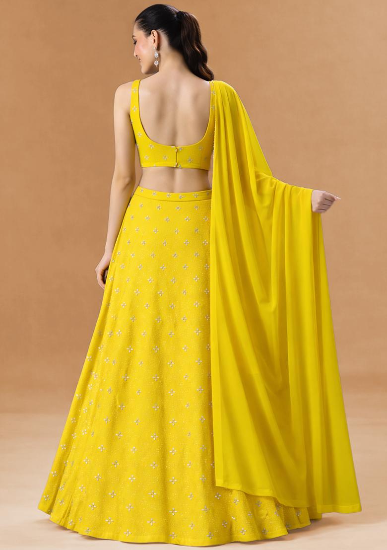 Yellow Embroidered Organza Lehenga Set - Indya