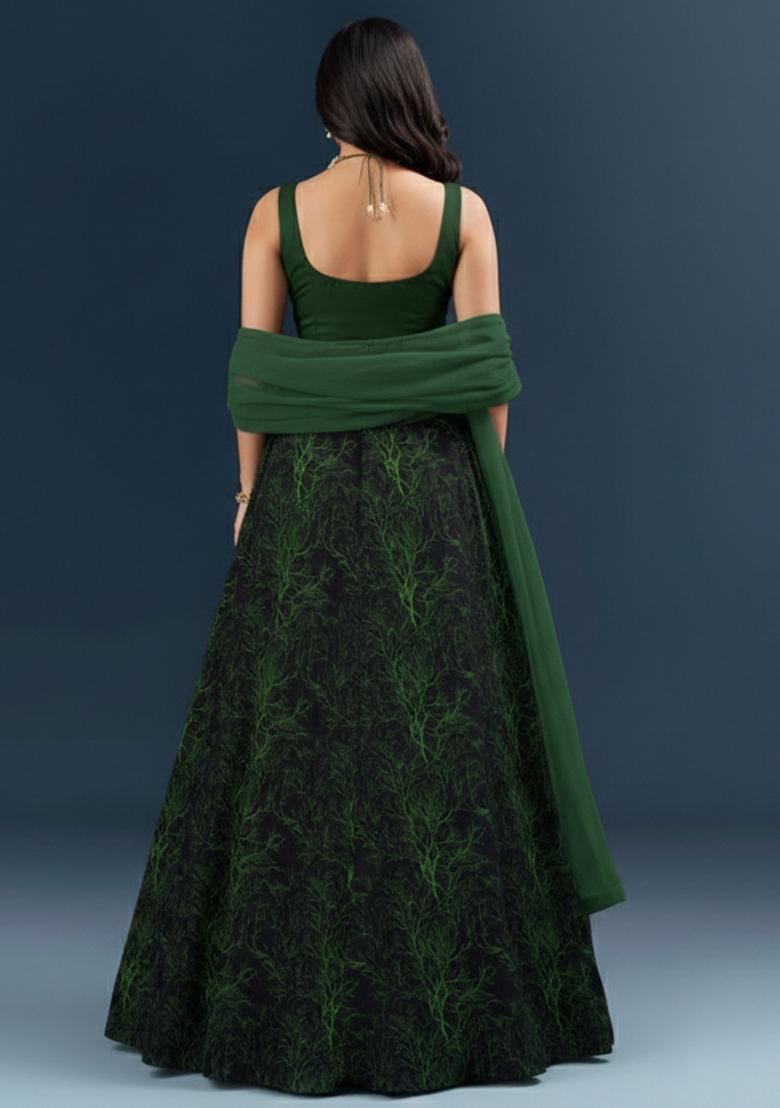 Deep Green Printed Silk Lehenga Set - Indya