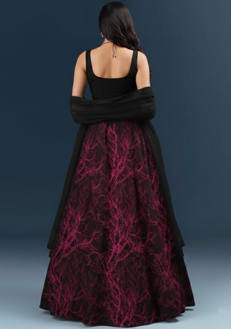 Wine Printed Silk Lehenga Set - Indya