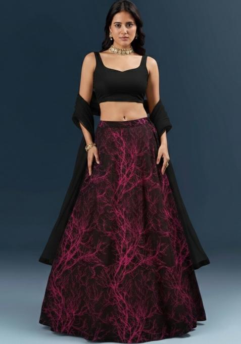 Wine Printed Silk Lehenga Set