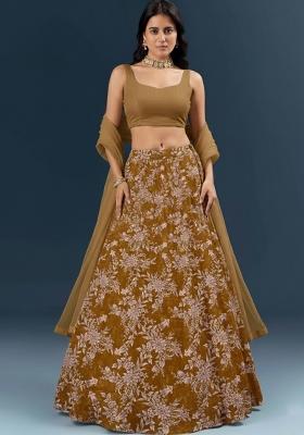 Brown Embroidered Crepe Lehenga Set