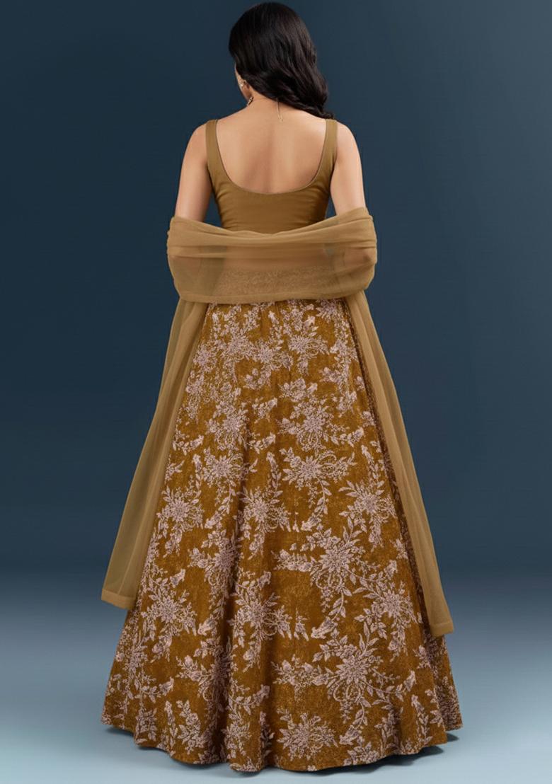 Brown Embroidered Crepe Lehenga Set - Indya