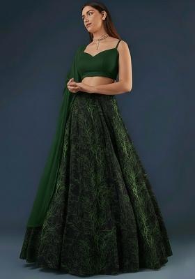 Deep Green Printed Silk Lehenga Set