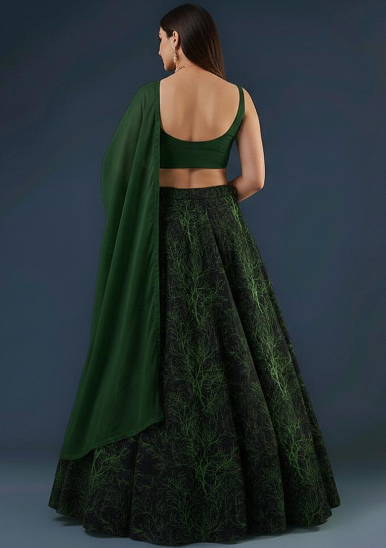 Deep Green Printed Silk Lehenga Set - Indya