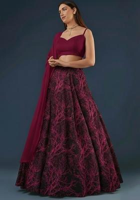 Wine Printed Silk Lehenga Set