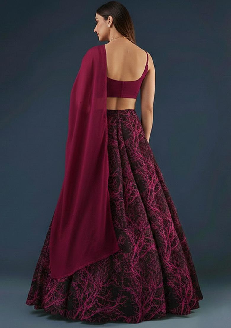Wine Printed Silk Lehenga Set - Indya