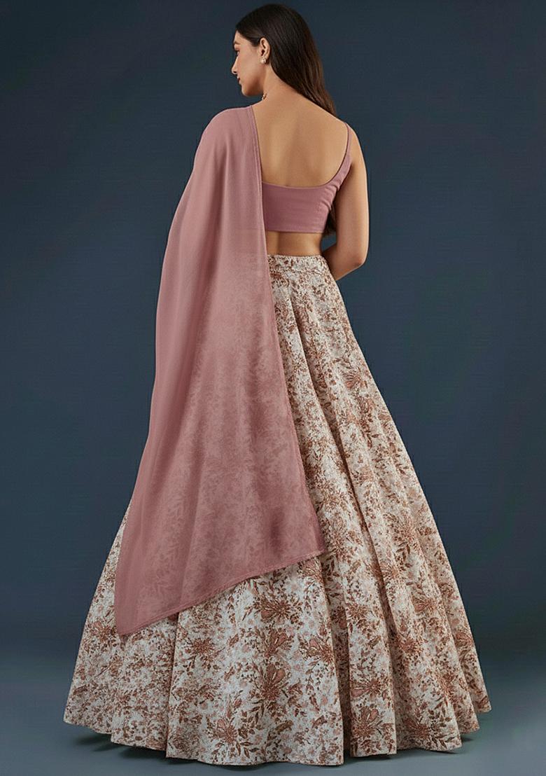 Mauve Pink Embroidered Crepe Lehenga Set - Indya