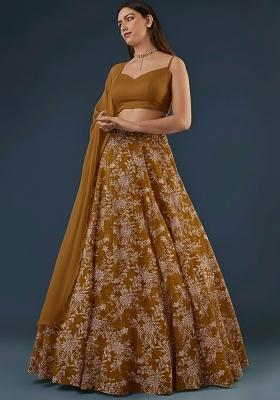 Brown Embroidered Crepe Lehenga Set