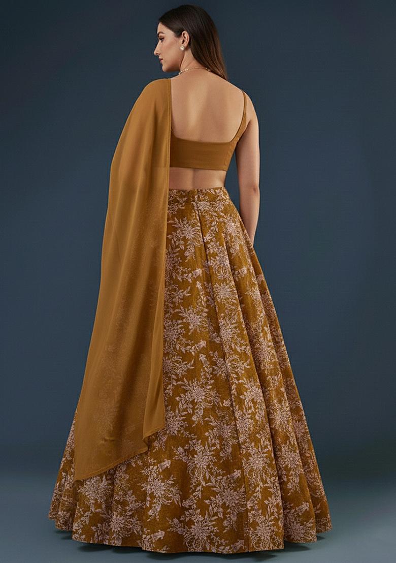 Brown Embroidered Crepe Lehenga Set - Indya