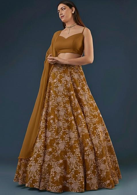 Brown Embroidered Crepe Lehenga Set