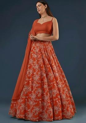 Peach Embroidered Crepe Lehenga Set