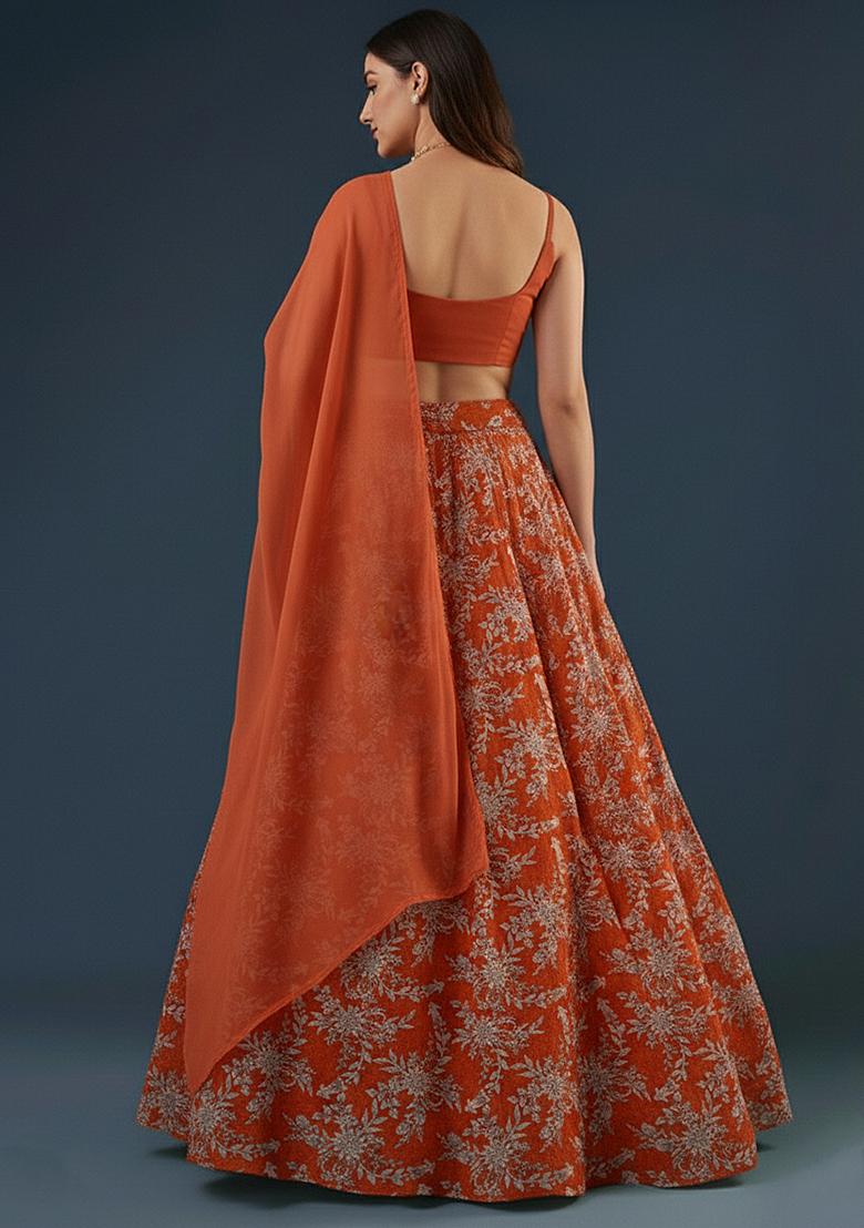 Peach Embroidered Crepe Lehenga Set - Indya