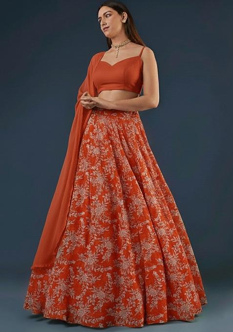Peach Embroidered Crepe Lehenga Set