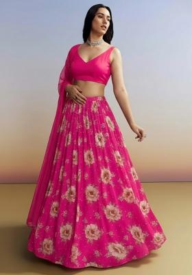 Rani Pink Floral Print Crepe Lehenga Set