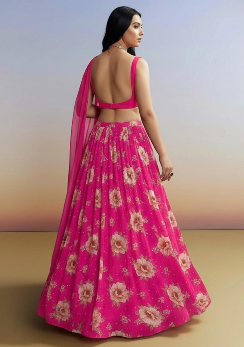 Rani Pink Floral Print Crepe Lehenga Set - Indya