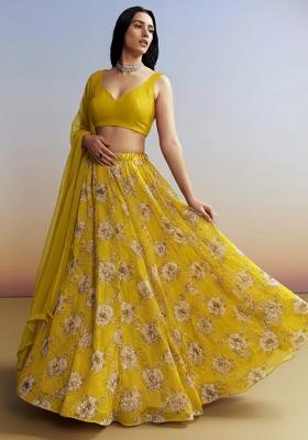 Mustard Floral Print Crepe Lehenga Set