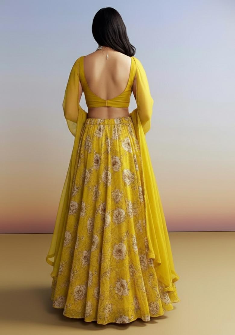 Mustard Floral Print Crepe Lehenga Set - Indya